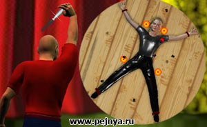 Веселая игра про циркача метающего ножи в асистентку подвешенную к вращаещемуся колесу.